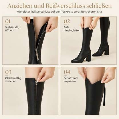 Damen Reitstiefel mit spitzer Zehenpartie, kniehoch, klobigen High Heels und Reißverschluss hinten