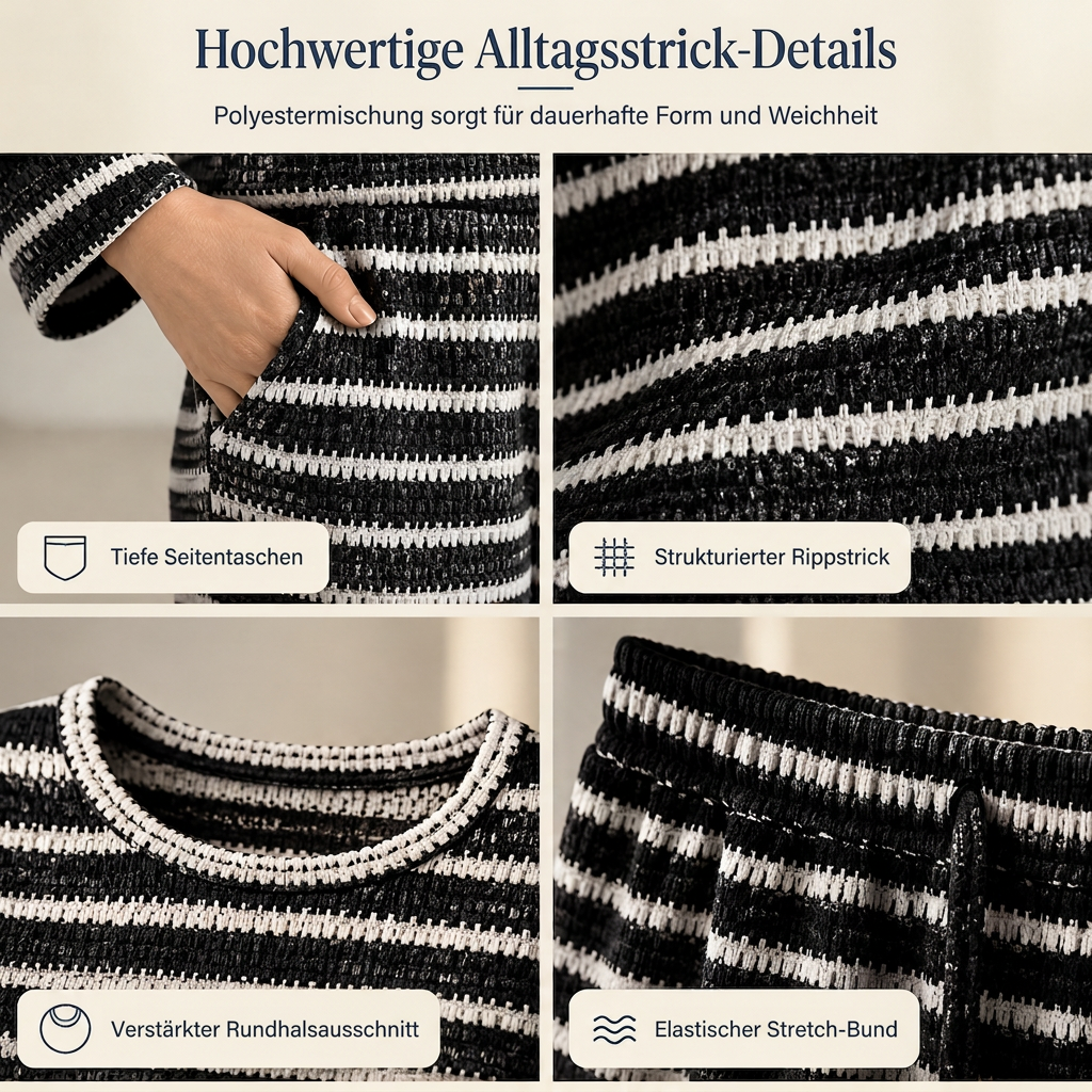 🔥 Nur heute!🔥 Freizeit-Loungewear-Set für Damen: lockeres, gestreiftes Langarmshirt mit Rundhalsausschnitt und Hose mit Kordelzug