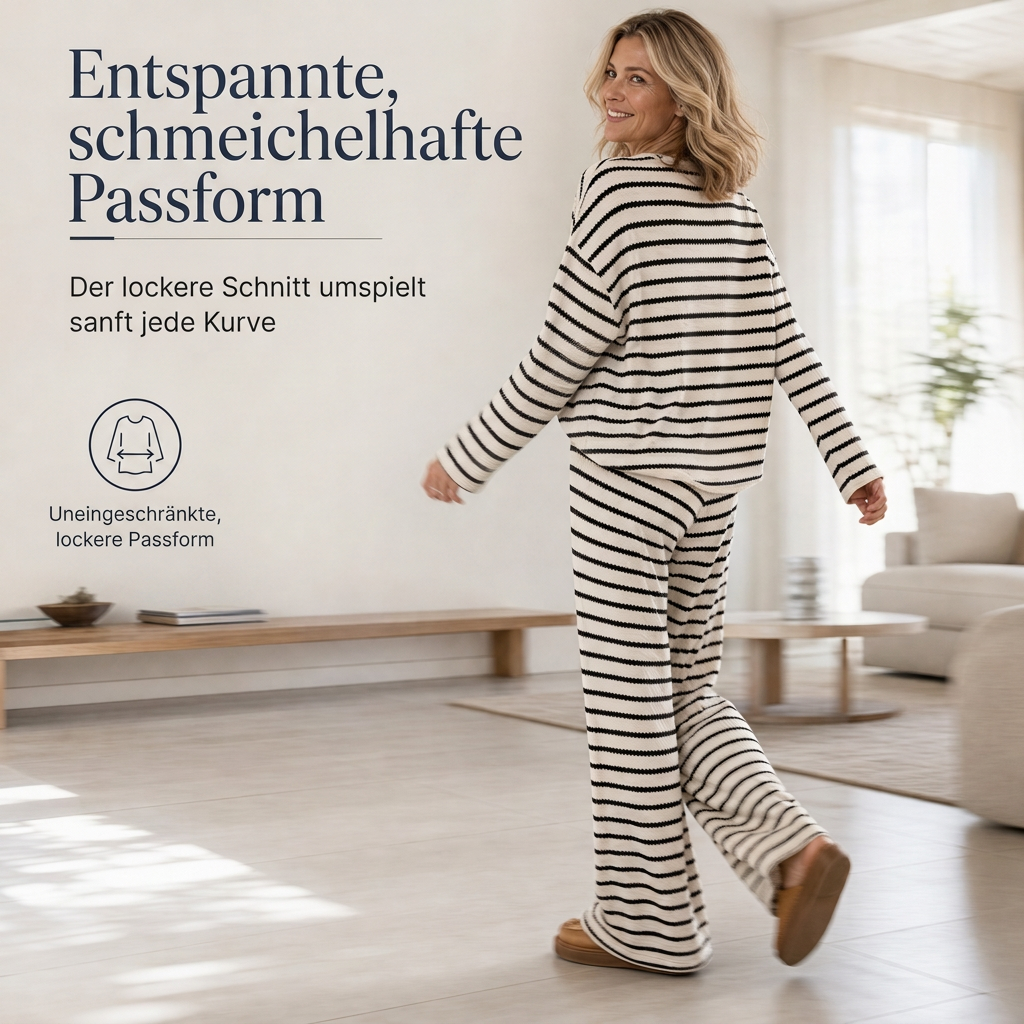 🔥 Nur heute!🔥 Freizeit-Loungewear-Set für Damen: lockeres, gestreiftes Langarmshirt mit Rundhalsausschnitt und Hose mit Kordelzug