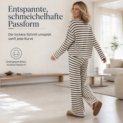 🔥 Nur heute!🔥 Freizeit-Loungewear-Set für Damen: lockeres, gestreiftes Langarmshirt mit Rundhalsausschnitt und Hose mit Kordelzug