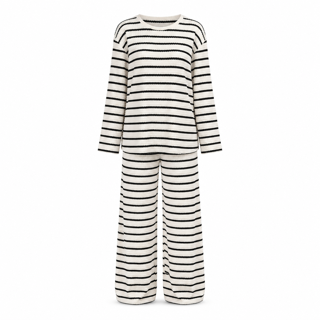 🔥 Nur heute!🔥 Freizeit-Loungewear-Set für Damen: lockeres, gestreiftes Langarmshirt mit Rundhalsausschnitt und Hose mit Kordelzug