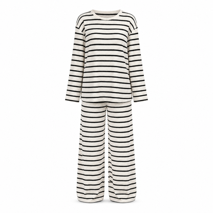 🔥 Nur heute!🔥 Freizeit-Loungewear-Set für Damen: lockeres, gestreiftes Langarmshirt mit Rundhalsausschnitt und Hose mit Kordelzug