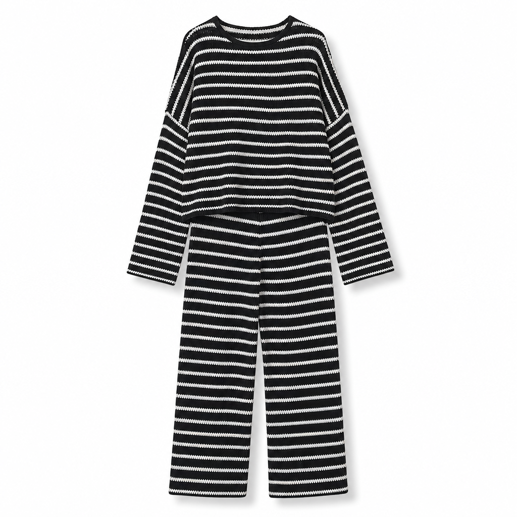 🔥 Nur heute!🔥 Freizeit-Loungewear-Set für Damen: lockeres, gestreiftes Langarmshirt mit Rundhalsausschnitt und Hose mit Kordelzug