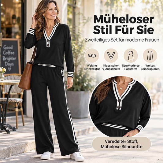 Damen gestreiftes Langarm-Oberteil und Wide-Leg-Hosen Set