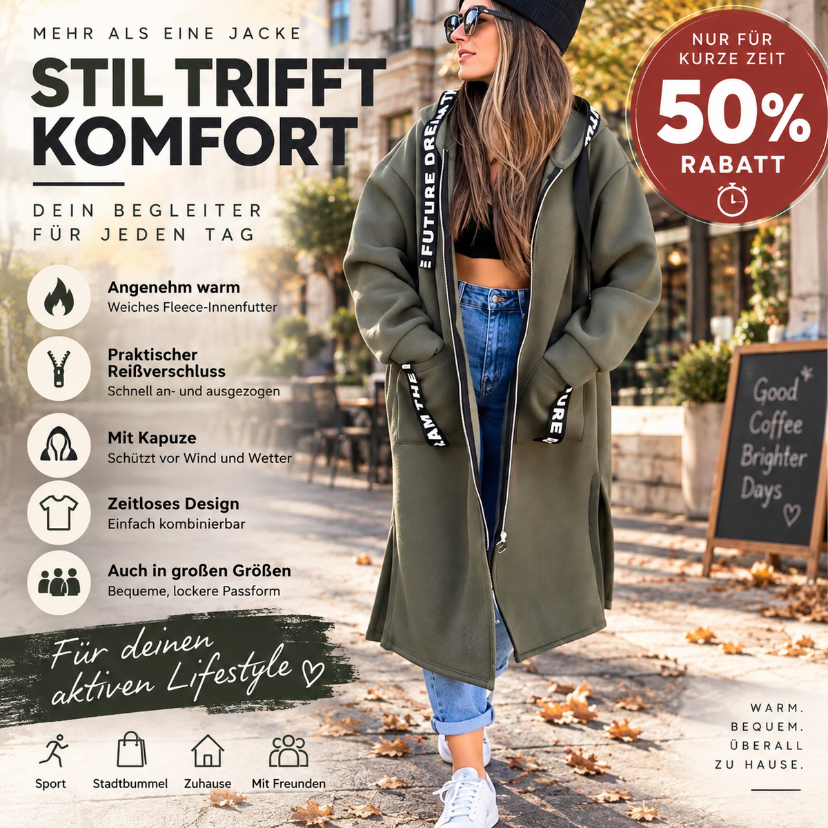🐥 50% RABATT! ✨✨Damen Reißverschluss-Kapuzenjacke mit Fleece-Futter